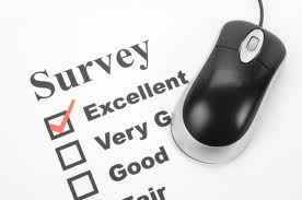 A black computer mouse overlaid on a white survey with the excellent option checked in red.