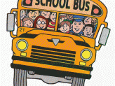 A front-facing yellow cartoon school bus filled with children.