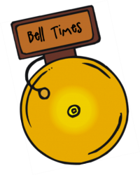 Yellow bell with Brown sign above it with Black writing of Bell Times