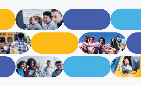 yellow and blue banner with people on some of the tiles